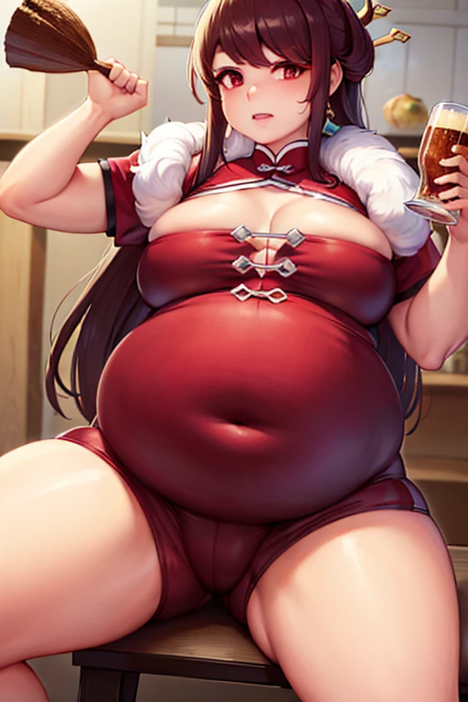 Fat, chubby, large belly,, obese, very fat, beidou, big belly, very fat, large stomach, chubby (best quality, masterpiece), thanksgiving, wearing sweater, grabbing belly, standing up, table with of food, table tons of food, lots of food, holding belly, table with food, standing, drinking beer, anime girl, beidou genshin impact 