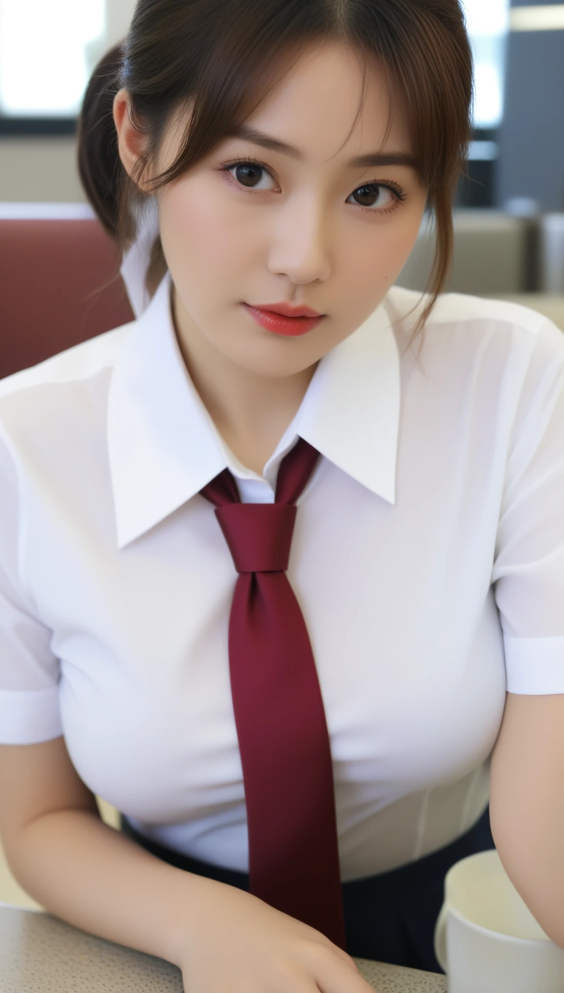 close-up of beautiful korean female, 34 inch breasts size, wearing a white short sleeve collar shirt with red necktie, sitting rest one's chin on one hand, in cafeteria , UHD 
