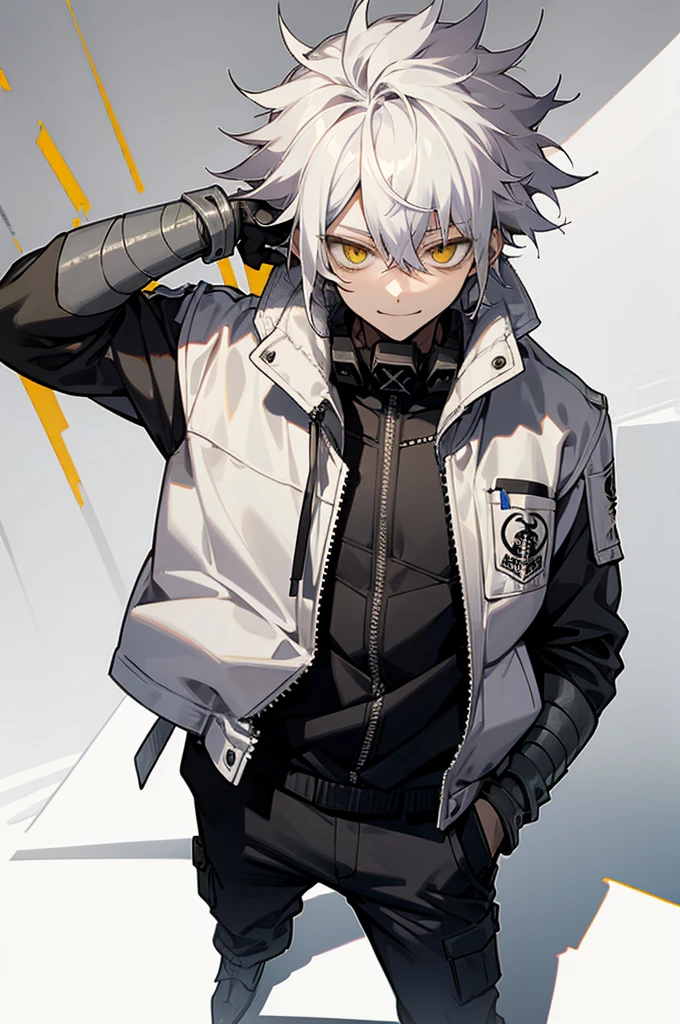 1male , Messy Hair , White Hair , Yellow Eyes , White Yukata , Grey Hair , Insane Smile Expression , Holding a Mask, arms in pockets