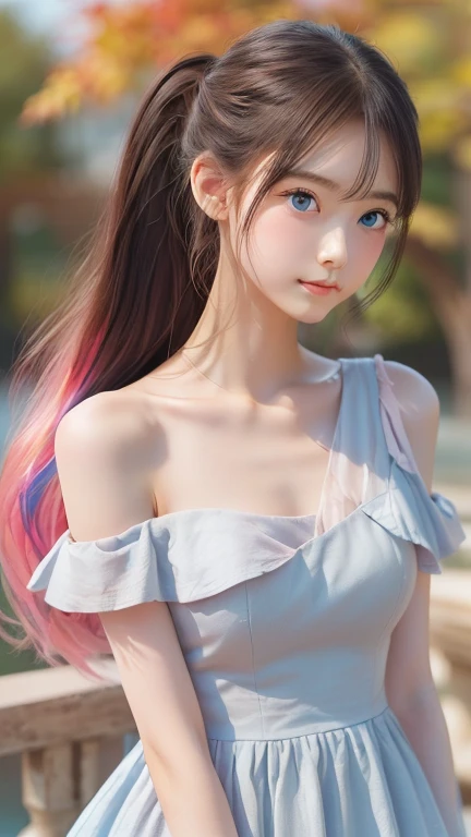 (masterpiece), (highest quality), (Very detailed), (Dirty Hair), (figure), (1 girl) (Long Pink Hair 1.5) (blue eyes) (Double Ponytail 2.0), ((((No shoulders))),Hanfu, (Looking at the audience, (interview), (Simple Background), Beautiful and delicate eyes, Delicate and beautiful face, Soar (High chroma), (Colorful Sparkling), Colorful bubbles, (Sparkling), Facial accents, Perfect NwsjMajic, Conservative dress, Shoulder less, Autumn Clothes, Facing the Public, Perfect figure,