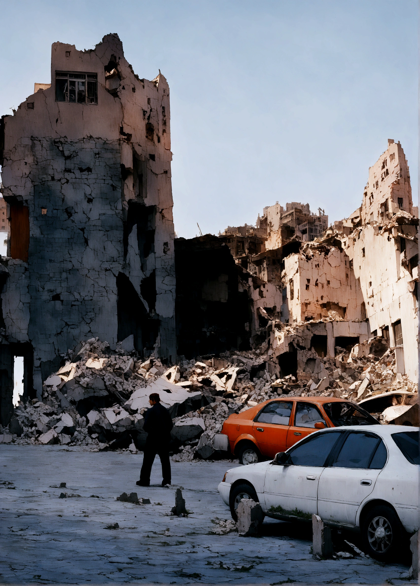 cars parked in front of a building that has been destroyed, destroyed modern buildings, in a ruined cityscape, destroyed buildings, outdoors ruined cityscape, damaged buildings, destroyed city in the background, crumbling buildings, ruined city in background, wrecked buildings, collapsed buildings, building crumbling, ruined buildings, building destroyed, destroyed city, ruined cityscape