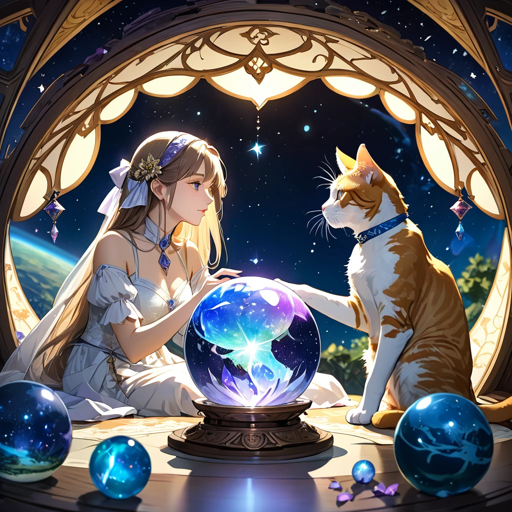 profile,A kind fortune teller,There is a cat nearby,Attention to detail,Beautiful Earth,Beautiful Universe,Beautiful crystal ball,Mysterious atmosphere,