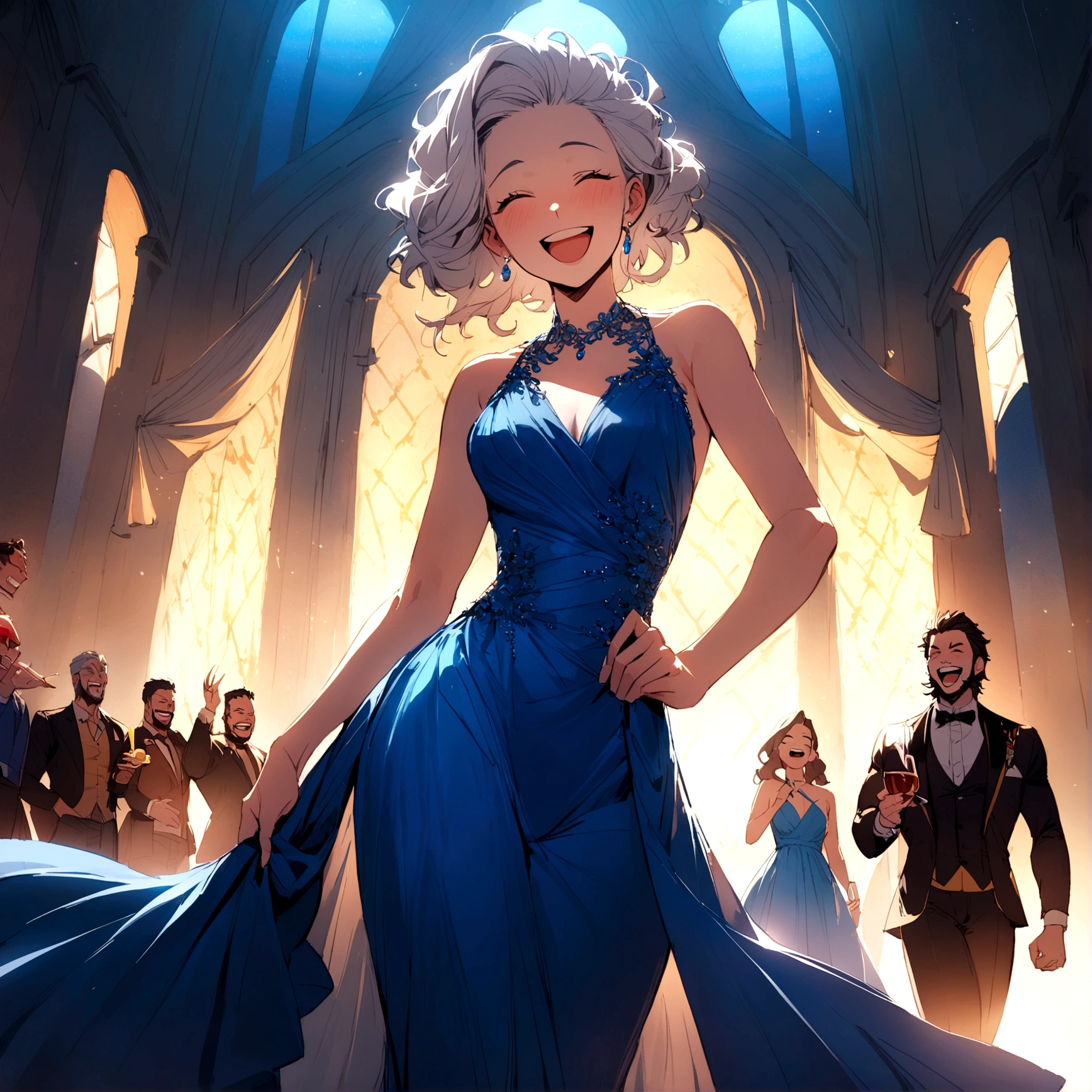 Marvel's Wolverine(male) drunk at a , having fun, wearing a blue evening dress and laughing, X Men , X Men mansion