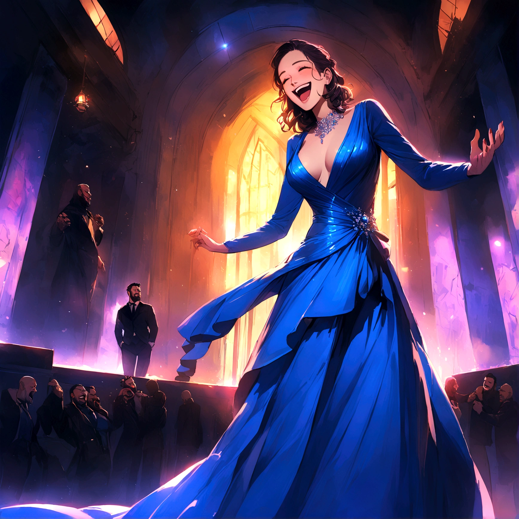Marvel's Wolverine drunk at a , having fun, wearing a blue evening dress and laughing, X Men , X Men mansion
