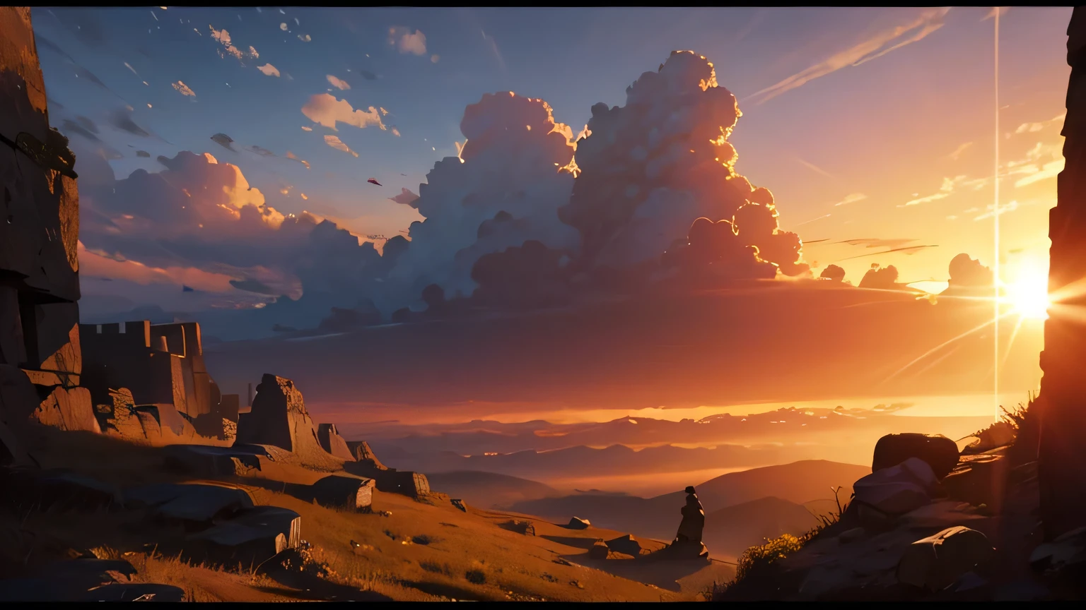 sky at dawn, sun at dawn, dawn light, spectacular lighting, chiaroscuro effect, cinematographic composition, changing atmosphere