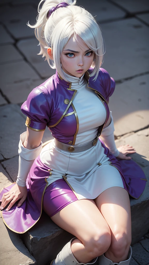 dragon ball super, femenino,cabello largo, color blanco y puntas moradas, traje azul,botas un poco de tacon alto