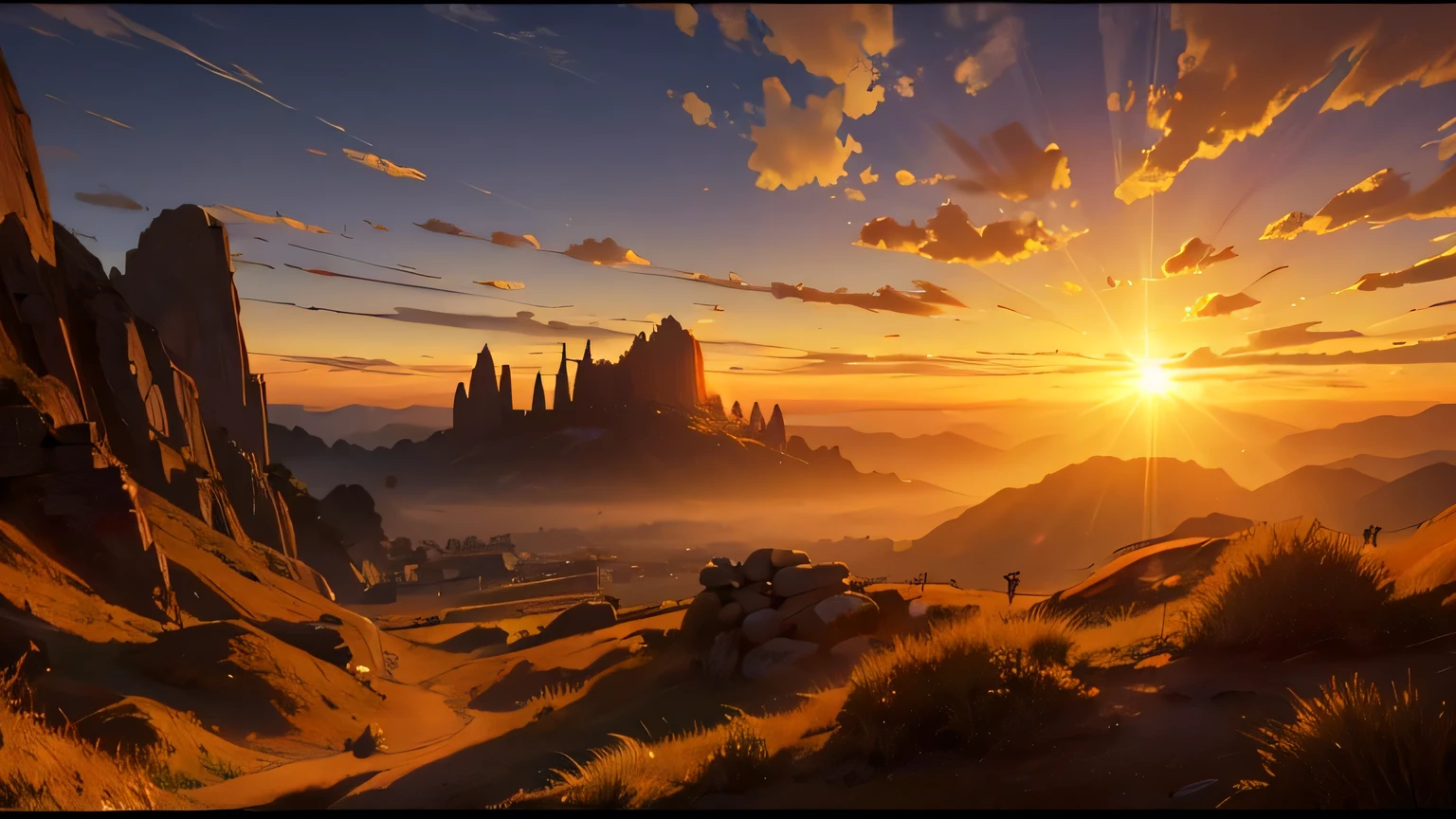 sky at dawn, sun at dawn, dawn light, spectacular lighting, chiaroscuro effect, cinematographic composition, changing atmosphere