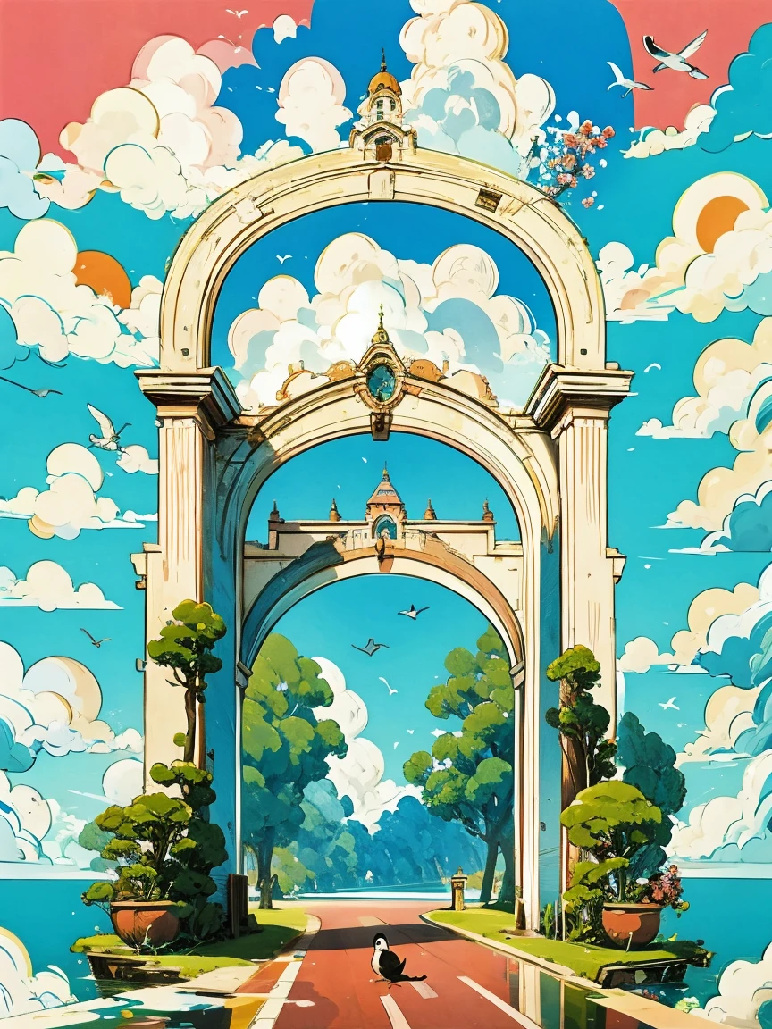 Rose arch corridor with birds flying in the sky