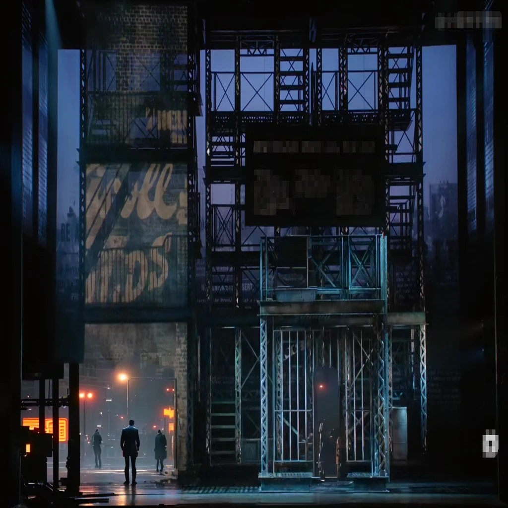 Stage Scene,A man stands on a platform, Movie screenshots, detailed set design, Opening, YouTube video screenshot, The back of the scene design element, Movie screenshots, Full scene shooting, In this ominous scene, footage of a theater stage, Movie screenshots, Dirty street background, Scene close-up, The most beautiful scenery