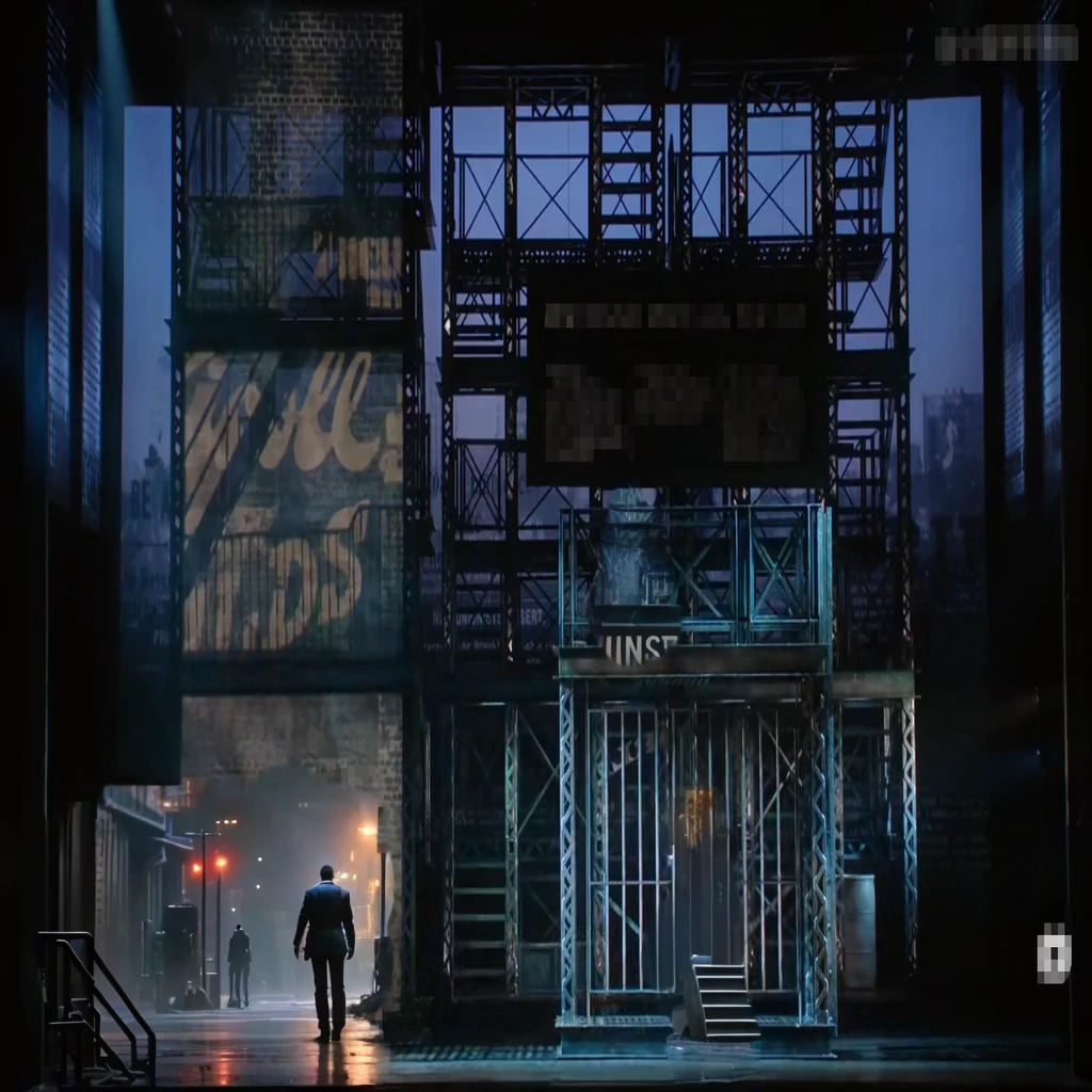 Stage Scene，A man stands on a platform, Movie screenshots, detailed set design, Opening, YouTube video screenshot, The back of the scene design element, Movie screenshots, Full scene shooting, In this ominous scene, footage of a theater stage, Movie screenshots, Dirty street background, Scene close-up, The most beautiful scenery