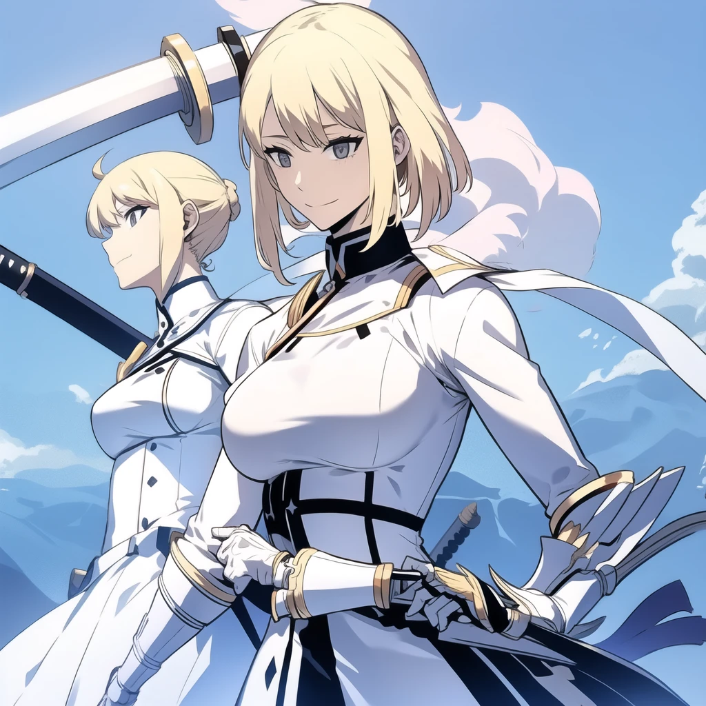 Blonde girl, blue eyes, White dress, katana, smiling, alone, seen from further away, average tits