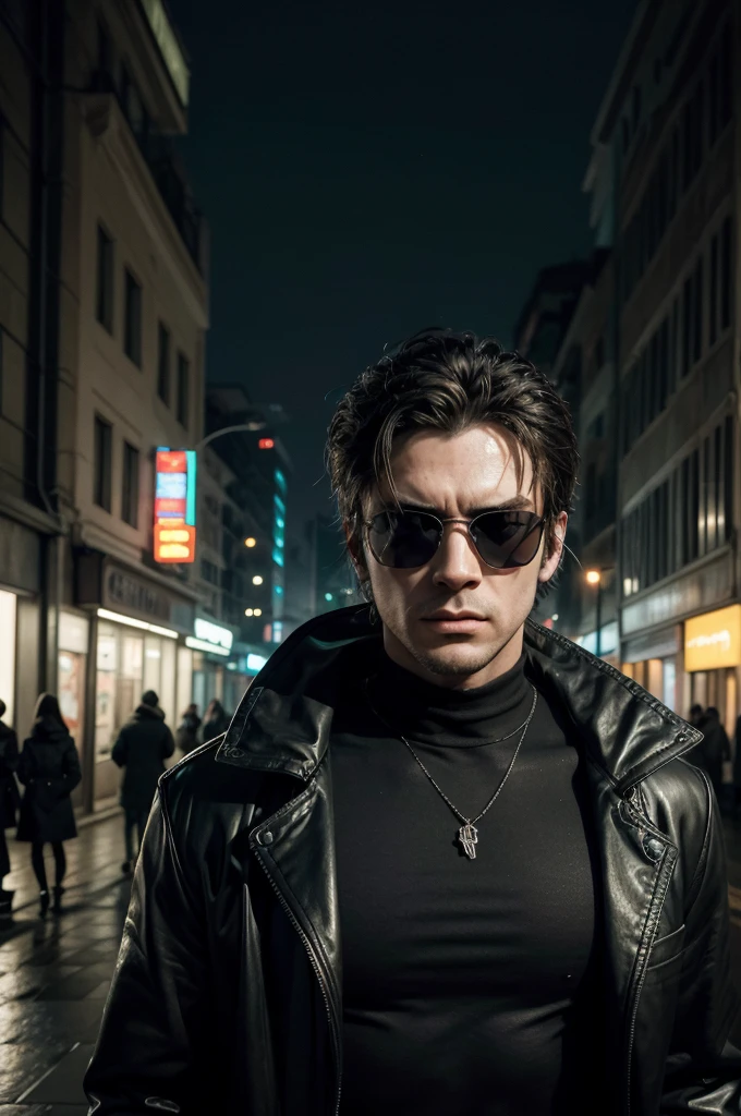 Generate a half-body portrait of a man wearing sunglasses, vestido com um trench casaco de couro que lembra os personagens de 'Matrix', contra um pano de fundo de letras verdes fluorescentes em cascata, no estilo do filme. Pay meticulous attention to (((detalhes intrincados))) like sunglasses, casaco, e a textura das letras em cascata. Ambicione ((extrema qualidade de detalhes)) to capture the essence of the 'Matrix' aesthetic. crie um ((Complex composition)) which conveys the film's iconic cyberpunk atmosphere.