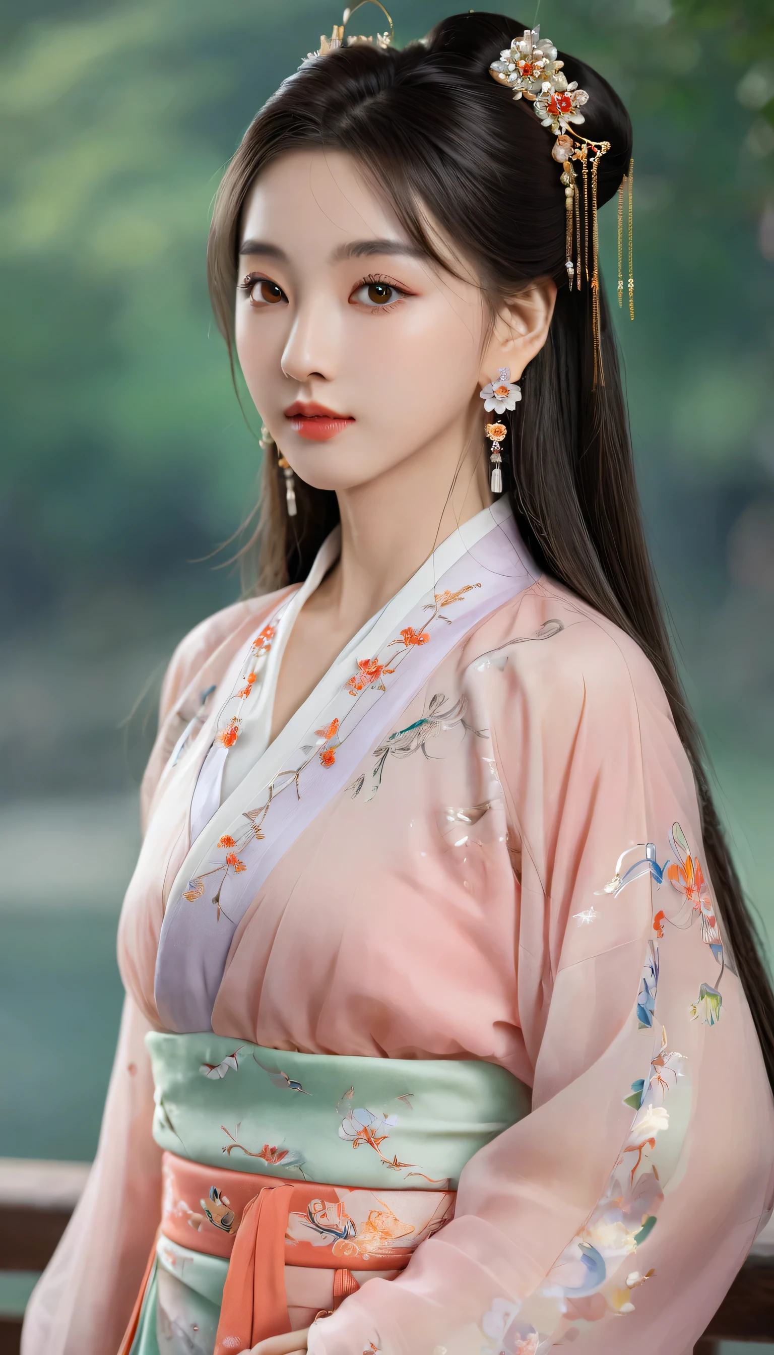 (photorealistic, best quality, ultra high res, extremely detailed eyes and face:1.3),1girl, solo,full body,skirt,jewelry,long_hair,necklace,earrings,perfect body,standing,large breasts,looking at viewer,chinese clothes,china dress,hanfu,
