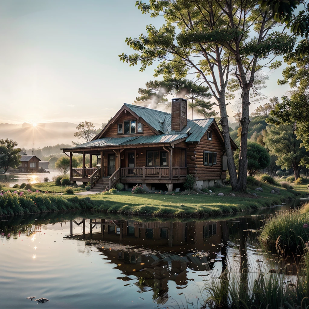 Generate an ultra-realistic image depicting a serene, rural landscape during dawn. The scene should feature a small, weathered wooden cabin nestled among towering pine trees with mist gently rising from a nearby tranquil lake. The sky should be painted in soft hues of pink and orange, indicating the early morning sun just starting to rise behind distant mountains. Birds should be subtly visible in the sky, and a faint trail of smoke rising from the cabin's chimney suggests someone might be awake inside. The lake should reflect the sky like a mirror, with delicate ripples breaking the perfect reflection. In the foreground, wildflowers in shades of purple and yellow should be scattered across a lush green meadow, catching the first light of day. The overall atmosphere should evoke a sense of peace, solitude, and the untouched beauty of nature. The image should be highly detailed, capturing nuances like the texture of bark on the trees, the translucency of the mist, and the play of light and shadow on the cabin's weathered planks. The composition should feel harmonious and balanced, drawing the viewer into the quiet serenity of this idyllic morning scene.
