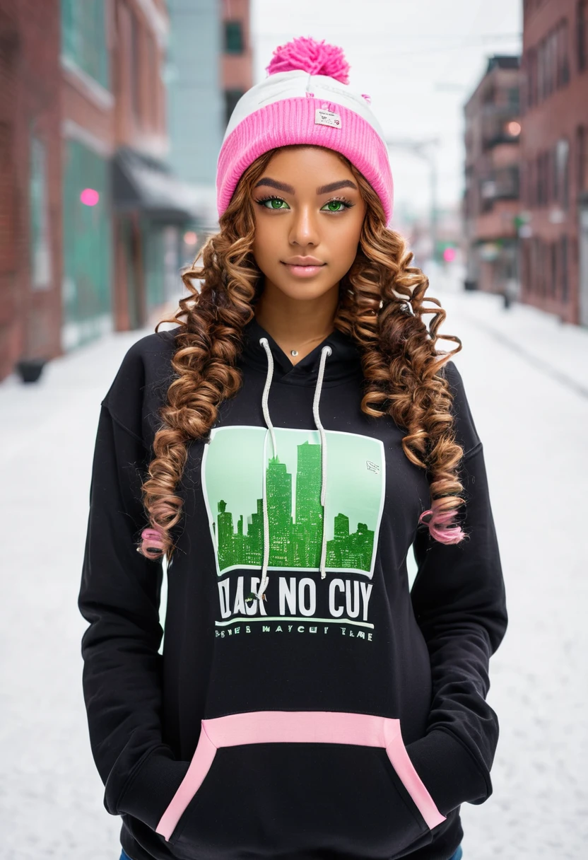 slightly tall young woman, light brown skin, light green eyes. Long brown curly hair with pigtails. Black Graphic Hoodie, Pink Beanie, necklace, transparent lipgloss, slim built, very beautiful, late adolescent, 19 years old, full body photo, long legs, modern city setting, snowy weather. 