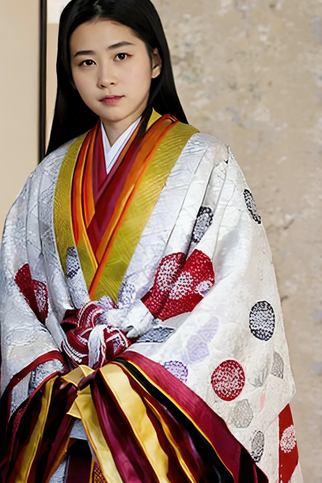 (masterpiece, highest quality:1.2), One girl, (beautiful japanese girl:1.2), juni-hitoe, solo, (upper body), Straight long black hair、open hiogi、court crest print, itutuginu, kasanenoirome, munamoto itutugine, sodeguchi itutuginu, suso itutuginnu, detail, Blank background, white background,