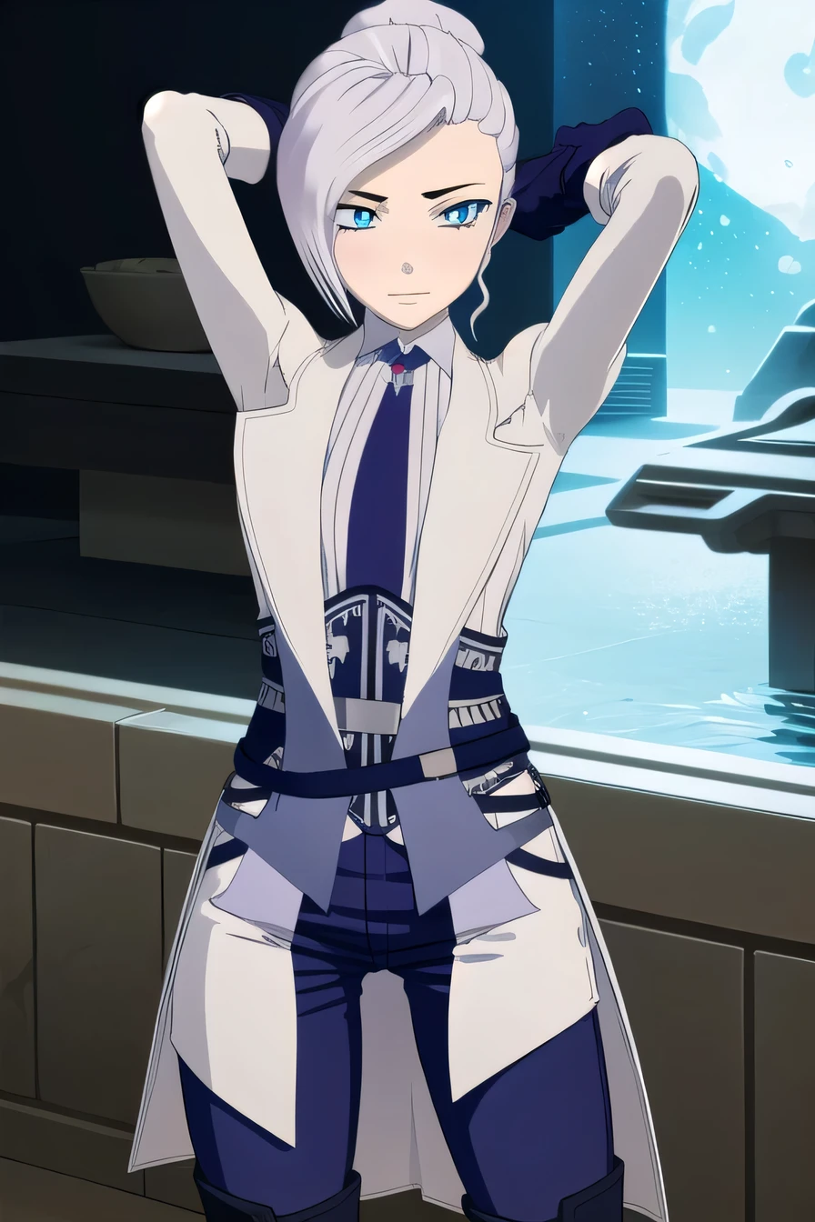 winterschnee, blue eyes, white hair, hair bun, single hair bun,
BREAK gloves, boots, necktie, black gloves, belt, pants, black footwear, uniform, high heels, coat, blue pants, knee boots, black necktie, high heel boots, white coat,
 high quality, solo, 1girl, night sky, beach, arms behind head, (contrapposto), closed mouth, spread armpits, (cowboy shot:1.5), looking at viewer, smirk, best quality,
BREAK (masterpiece:1.2), best quality, high resolution, unity 8k wallpaper, (illustration:0.8), (beautiful detailed eyes:1.6), extremely detailed face, perfect lighting, extremely detailed CG, (perfect hands, perfect anatomy),