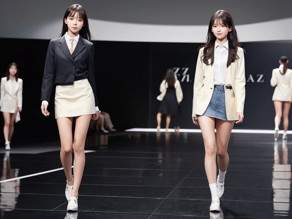An extremely beautiful Japanese high school girl race queen who highlights her beautiful legs、Photographed walking down the runway at Zara's new underwear fashion show、She is an eternal idol who combines a clean look with modern charm.。 She creates such beauty。 She feels her own warmth。 She creates a warm atmosphere。 We create beauty。 That's what I want to say。 In her full body photo、The figure features porcelain-like skin and golden hair that radiates a soft glow.。 This is probably、It captured the essence of her timeless charm.、This is the best shot ever.。 Each straight line and curve is carefully expressed.、Breathtakingly beautiful with impeccable detail。 This piece perfectly captures her timeless beauty.。 Divine Proportions、Sharp focus、Full-body photo taken by Kishin Shinoyama、high quality、High resolution、Detailed Background