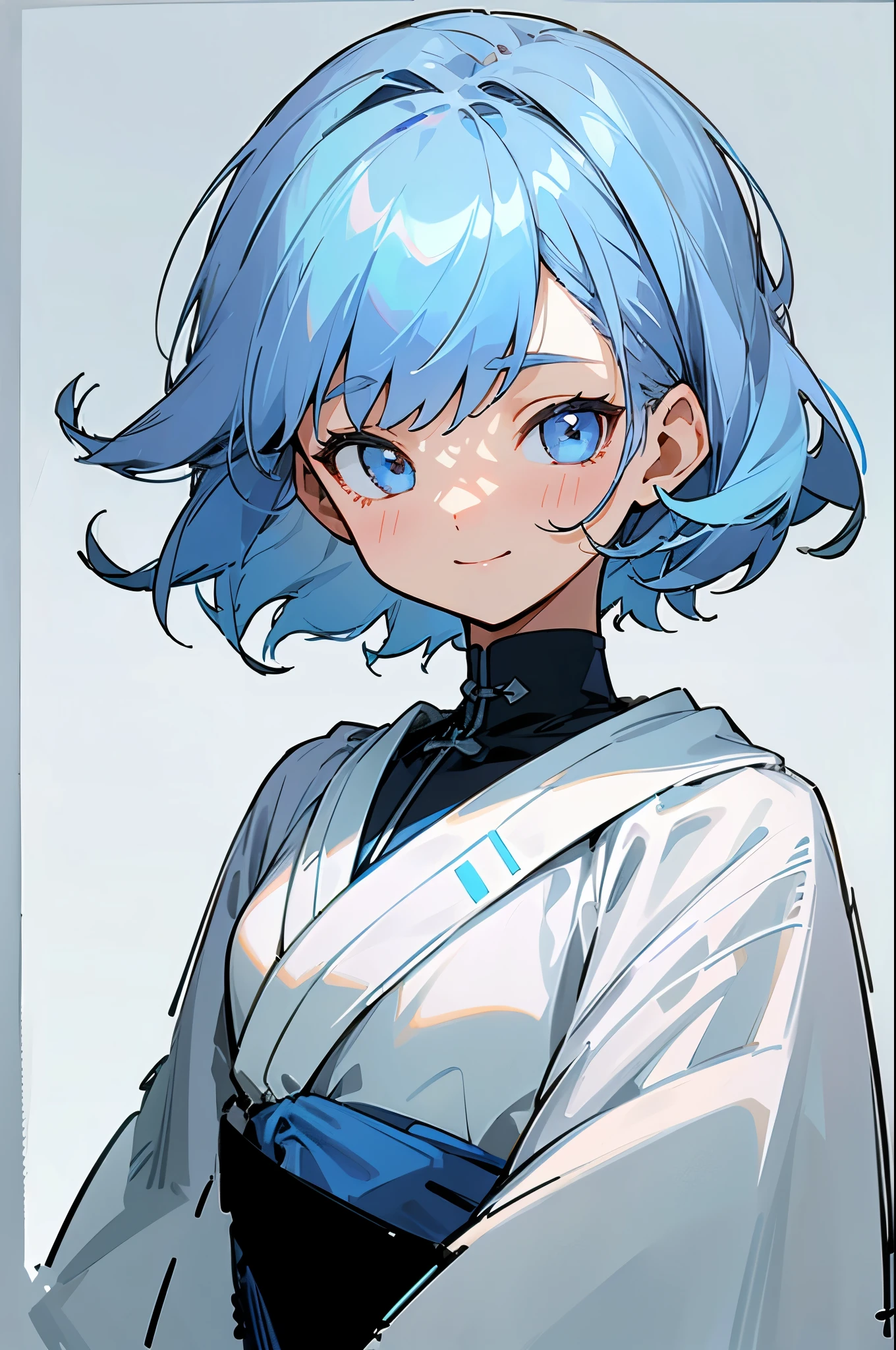 1 girl、straight、Upper body、solo、Short hair like a boy、dark blue hair、Light blue hair band:1.2、blue eyes、smile、robe blanche、line drawing、simple background、white background
