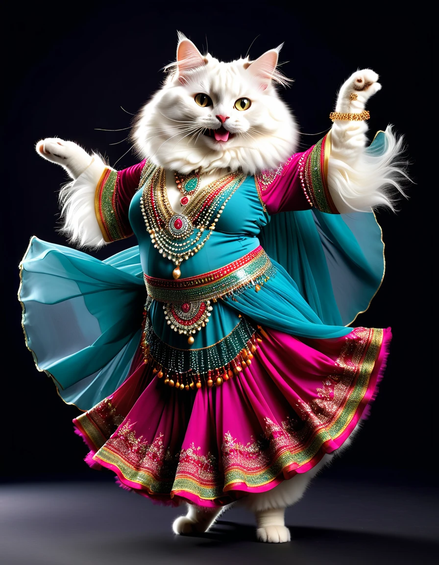 photorealistic portrait of Dressed animals - a ((fat)) ((angora cat)) dancer,(furry), (dynamic dancing:2.0), (swinging arms :2.0),(happy smile:1.2),high quality,(happy),(lovely) ,intricate details, (sheer veil), highly detailed (( gypsy belly dancing clothes)) ,highly detailed decorations of clothes, Wearing gypsy belly dancing clothes, , (happy), studio lighting,(full body image:1.5),simple background,(viewed from side:2.0),