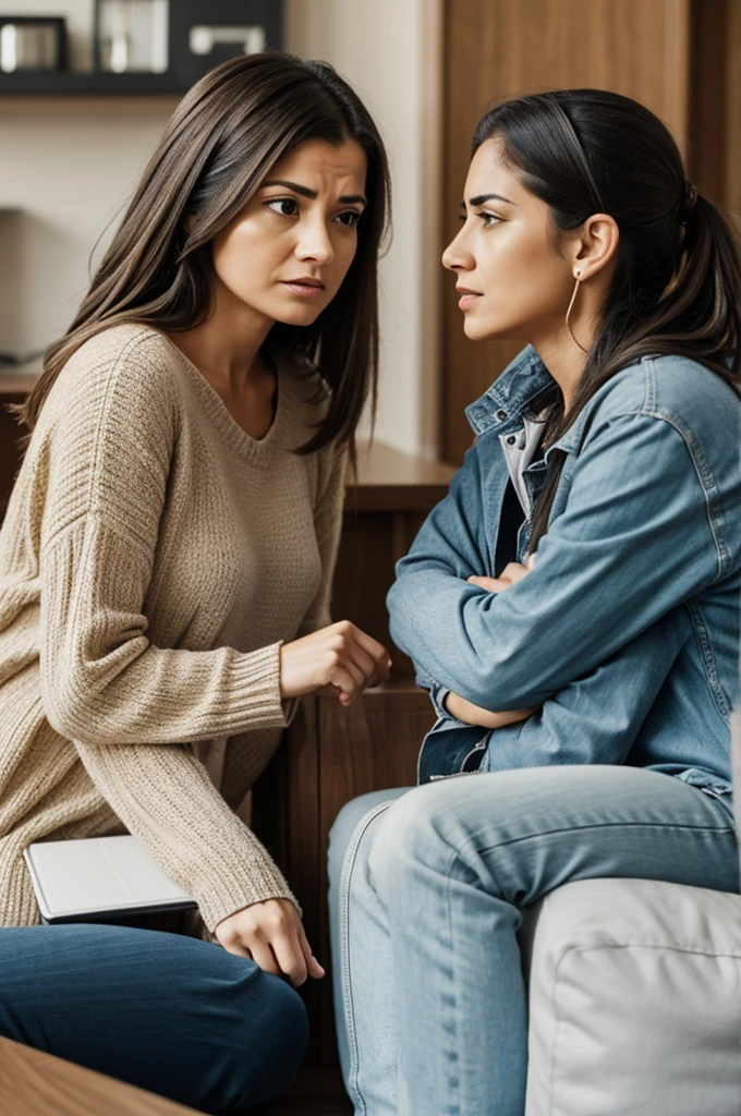 A woman arguing with another who is listening to her and thinking