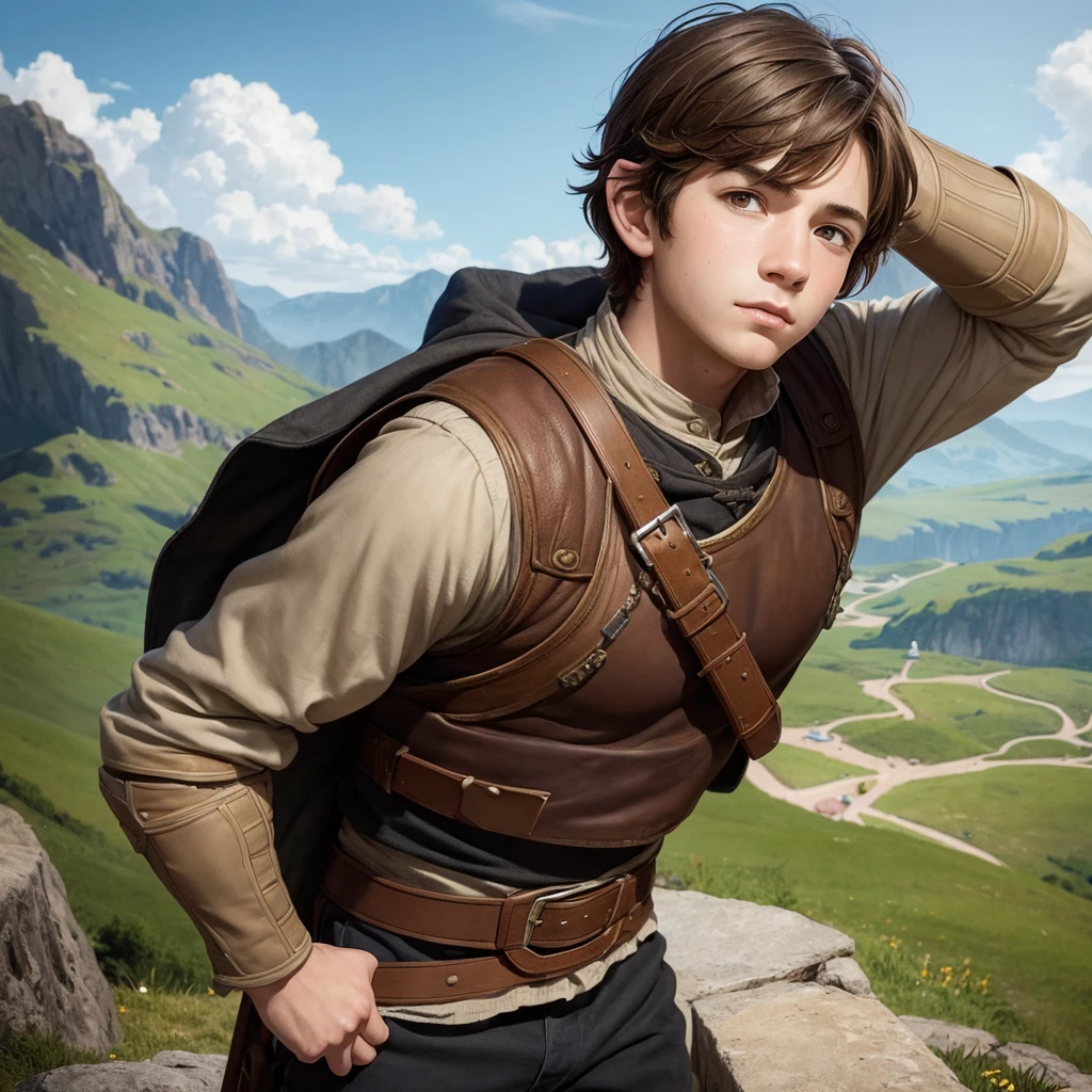 Portrait of a halfling young man, brown hair, illustration, ultra-detailed style, painted, heroic pose, background medieval, adventure theme, strong and fearless, masterpiece