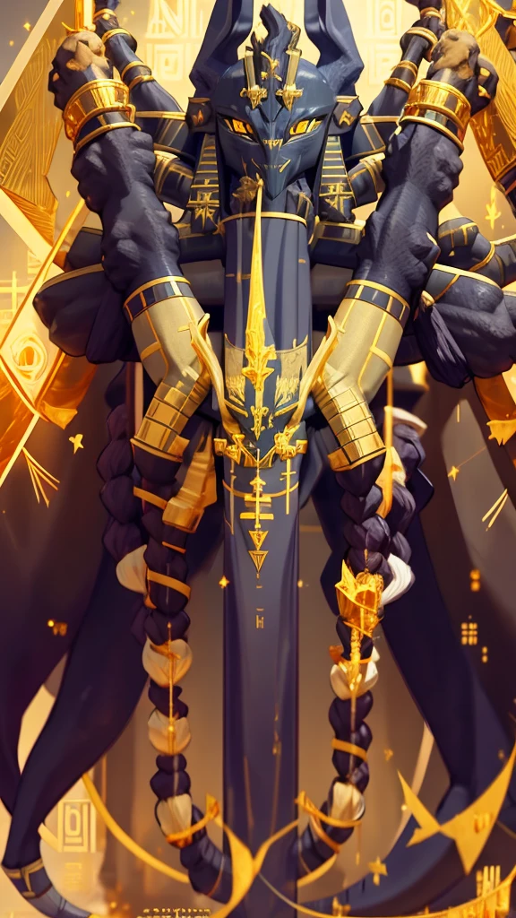 Solo,(1boy:1.5),Male Focus,Staff,Jewelry,whole body,Egypt,Anklets,Luminescence,Color skin,Standing,bracelet,Egypt衣服,Gray background,(Anubis:2),(Scythe:1.5),(huge_arms:2),(Primary Color:gold:2),蓝色Luminescence眼睛,((Sunlight,angle,float),dynamic,wing,Halo,float白丝,(Holy Light),Silver Star:0.5),front view,