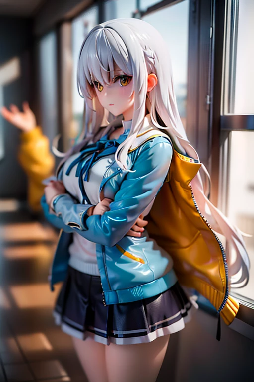 A woman, with long white hair, yellow eyes, wearing a light blue jacket, wearing a black skirt, background is in the school or class, pose is looking towards the window.