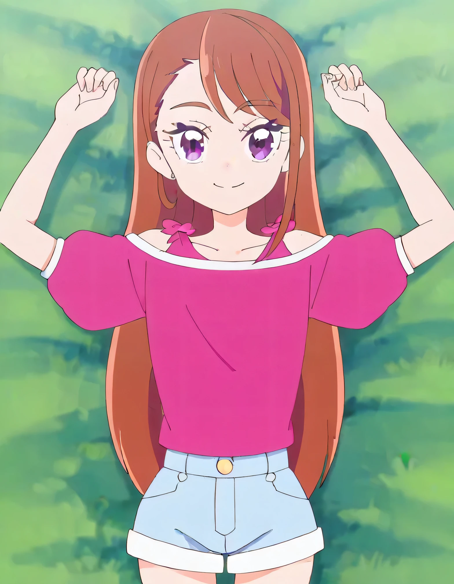 hijiri ageha, brown hair, long hair, purple eyes,
pink shirt, off-shoulder shirt, puffy short sleeves, denim shorts, high quality, solo, lying, on back, arms up, spread arms, closed mouth, on grass, (cowboy shot:1.5), looking at viewer, smile, best quality, 