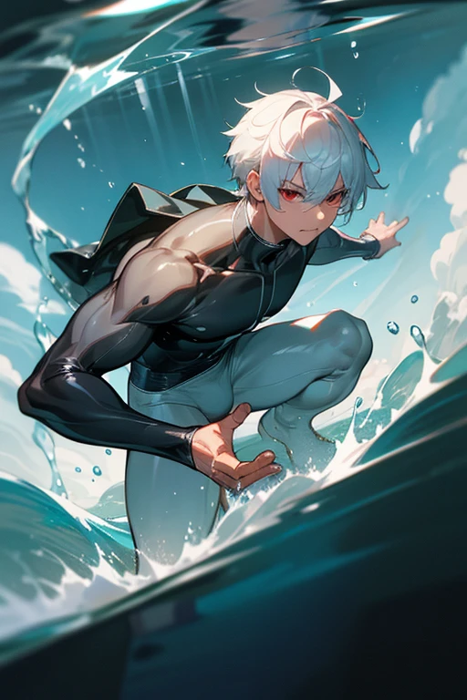 male、Gray Hair、White Hair、Short Hair、Red Eye、Cold-blooded man、Handsome、Well-built、Cold Face、Well-formed face、Swimwear、Ocean、A good man who also drips water、Soaking wet、Rash guard、See-through、Water runs down my hair and cheeks.、run down、Pushing her bangs aside with her hand、The lower half of the body is in the water、Submerged in water、Stay still、Not working、Hand on forehead、My hair is in the way、