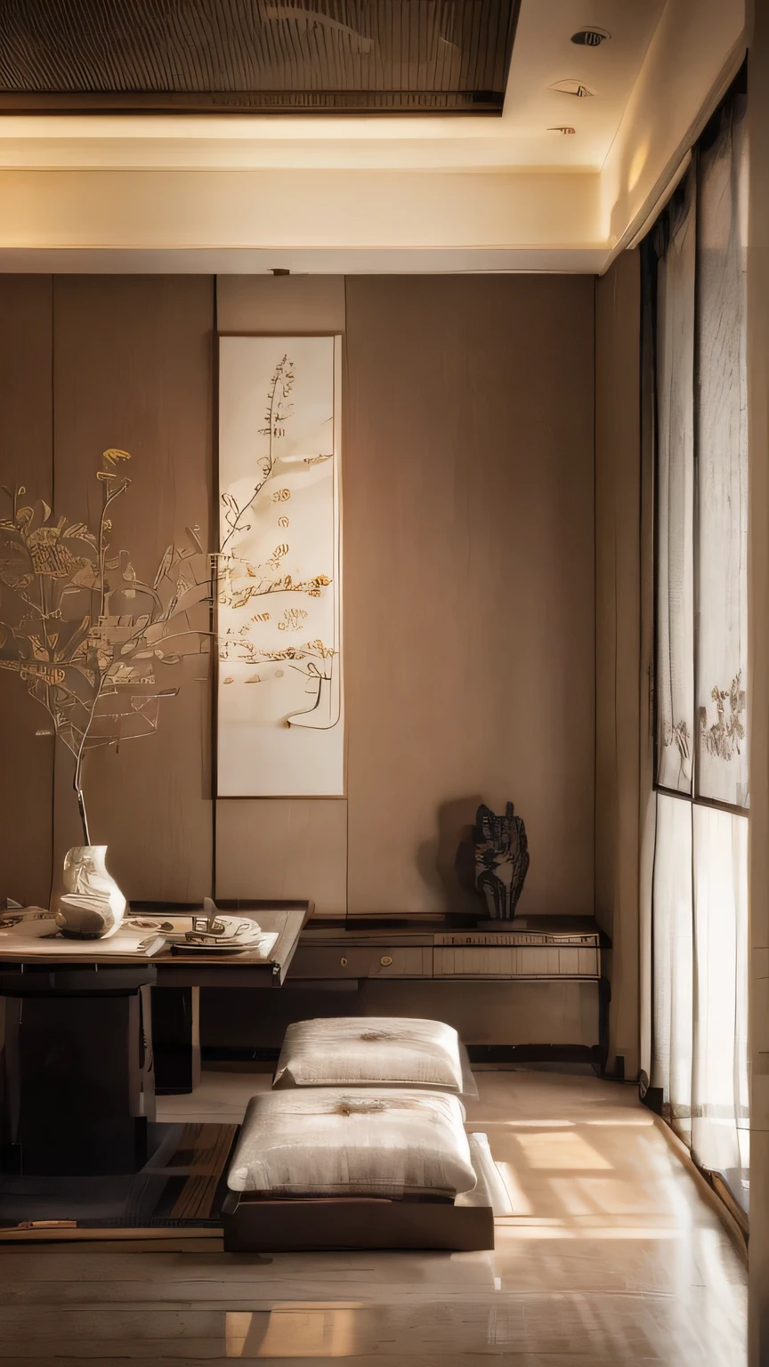 There was a vase on the table in the room,There are flowers inside, Asian Interior Decoration, Wall hanging scroll, modern japanese living room, japanese inspired, author:Ma Yuanyu, with japanese inspired, Japanese style painting, Japanese style, Quiet and peaceful atmosphere, Traditional Korean interior decoration, Japanese influence, Calm and peaceful atmosphere, Vray rendering, Rendering in VRay