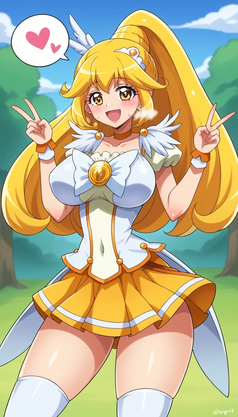 score_9, score_8_up, score_7_up, outdoor,
BREAK
source_anime, 
BREAK
1girl, curepeace, yellow hair, elect big nipple, huge breasts, happy, spoken heart, 
navel, skin tight, skirt,
tall, leggy, glistened skin, oiled skin, shiny skin, heavy breathing, wide hips, tight waist, thick thighs,
contrapposto,
looking_at_viewer,