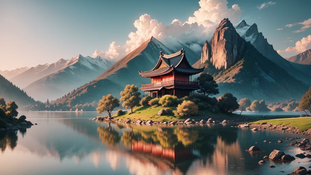 a traditional landscape of East Asia. It shows a quiet scene with hazy mountains in the background, a peaceful lake in the center, and many boats are floating on the water. There are trees and large rocks scattered everywhere, with pagoda-style houses hidden among the mountains. The sky is dyed pink and blue, suggestive of sunrise or sunset. This photo is interesting because of its peaceful combination and skillful use of water level to create depth and atmosphere for the painting.. Pretty
