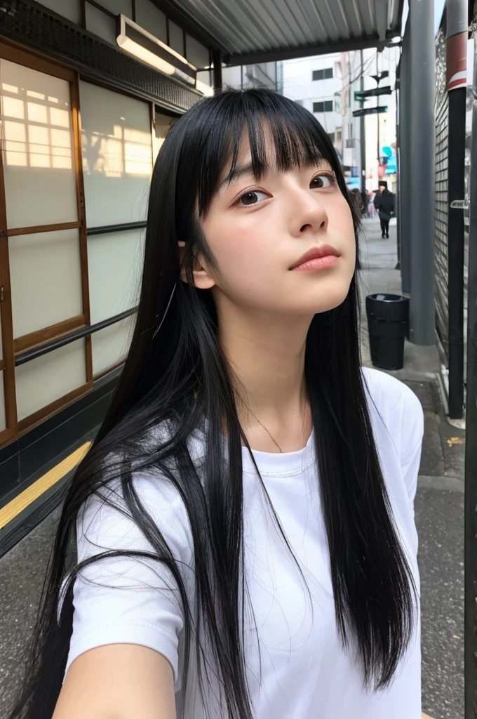 A Japanese girl with long black hair taking a selfie,thin