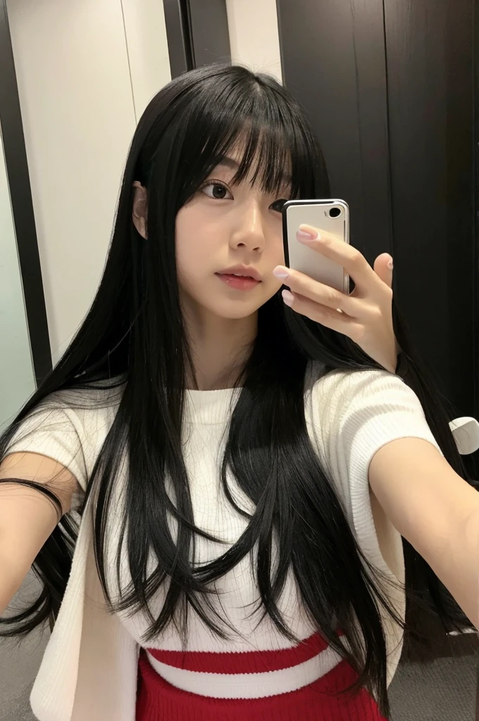 A Japanese girl with long black hair taking a selfie,thin