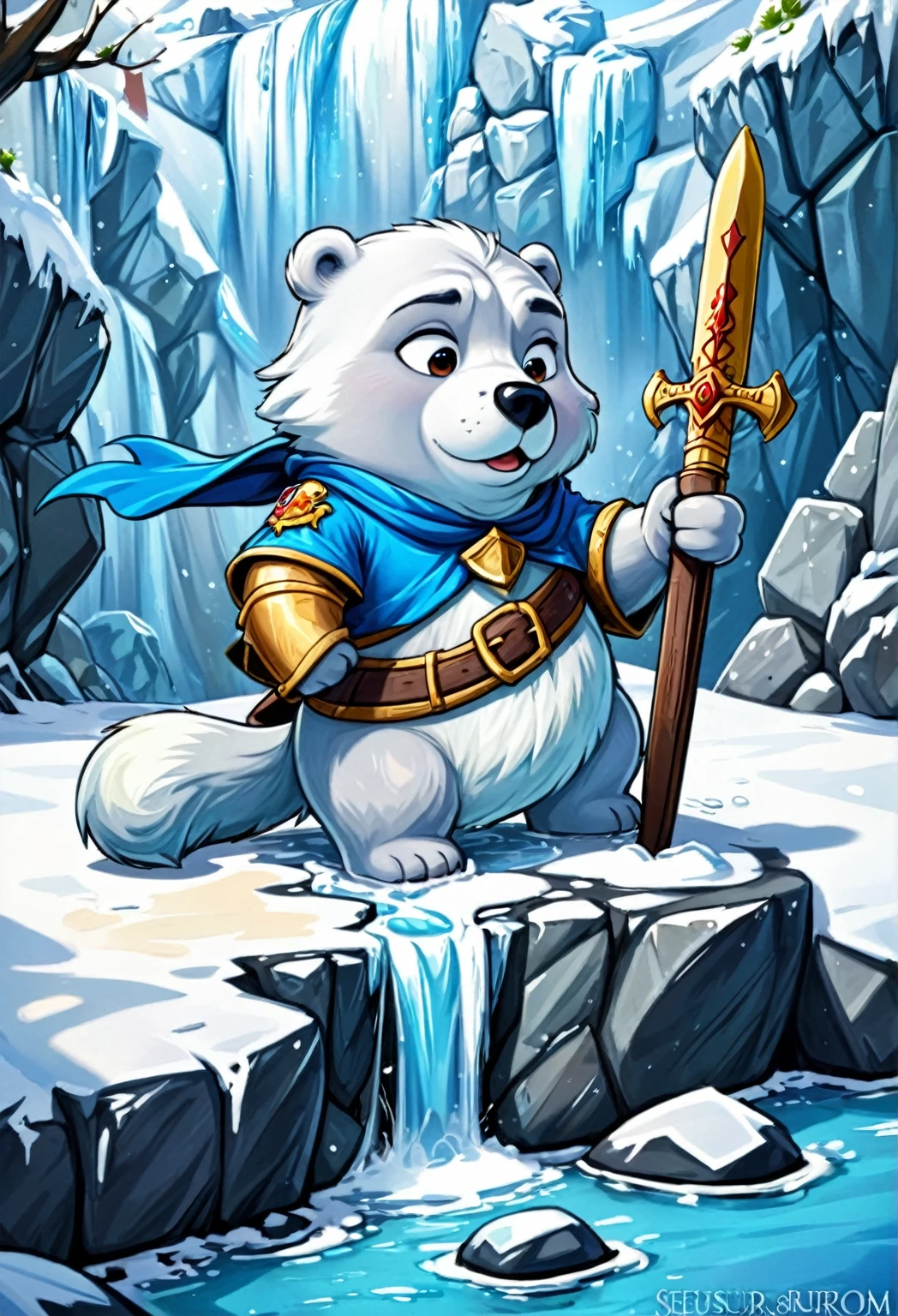 um urso polar segurando um escudo sentado em uma pedra de gelo rugindo, escudo azul, Digital illustration, ambiente medieval, cartoon, High definition, detalhes