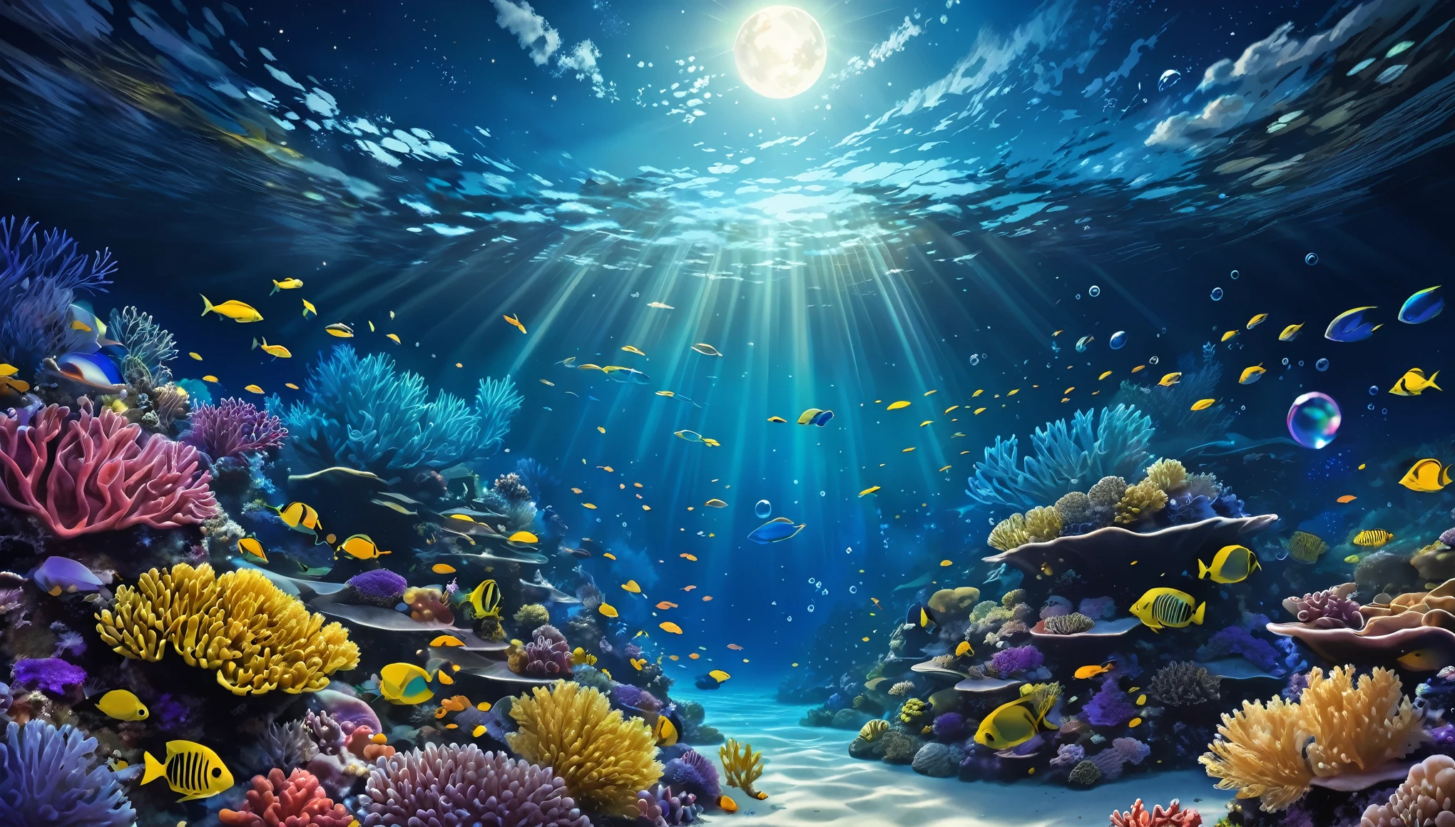 (Underwater: 1.9)，Ocean，Colorful coral reef，School of tropical fish，Light，Bubble，Seaweed，(Shallow sea: 1.4)，Sunlight，Fantasy，Undersea，Floating，Top quality，Masterpiece，Clouds，Colorful，Starry sky，
Create a digital illustration of a landscape, scenery, underwater, with clear and delicate lines. Low-fi, moonlight light reaching down to the water, the scene is cozy and warm with beautiful night scenery and moonlight. The lighting should be soft and golden like colorful flowers, and the art style should be detailed like fantasy art with accurate depiction of delicate and fine lines. The overall look should be clear and dreamy atmosphere. Focus on a magical and enchanting environment. No land part is required, only underwater. People are not allowed, no people in the photo.