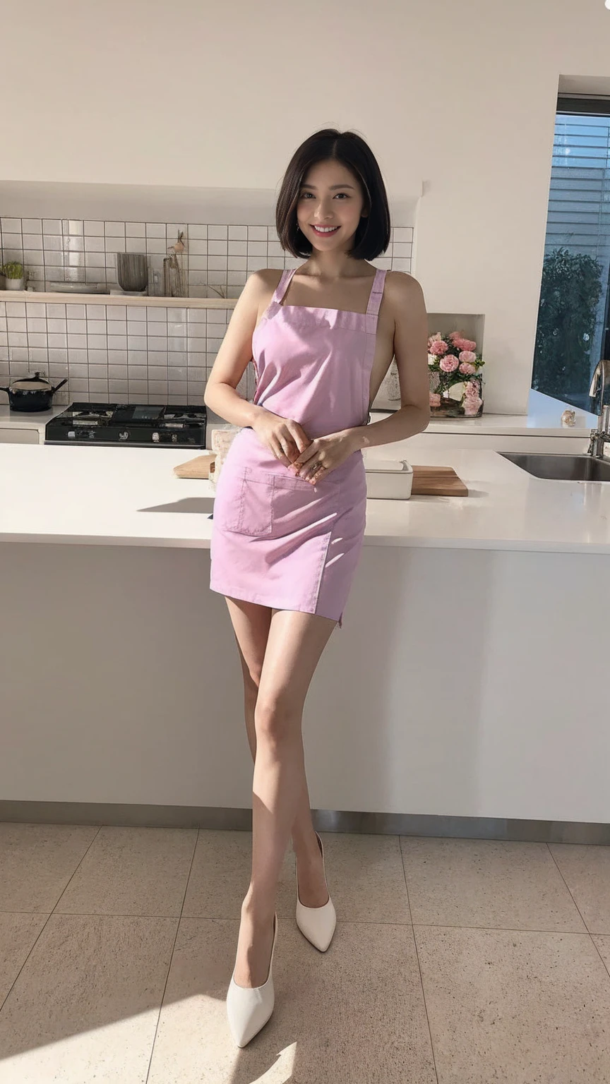Beautiful woman with short hair, Sleek bob hair and striking purple eyes, Standing at the counter in a modern kitchen、She smiles warmly. She wears a revealing pink apron that ties in the back., Showing off her athletic hourglass figure. She is looking over her shoulder at the user.. The kitchen is bright with sunlight streaming in through the large windows., Casts soft shadows throughout the room. A vase of pink roses is placed on the windowsill, Add elegance. The countertops are clean, Some cooking utensils and a pot on the stove, Suggests a cozy and inviting atmosphere. An overall feeling of warmth, beauty, And a homely atmosphere. (full body portrait:1.8), Ultra-realistic photos, 16K, Bright colors