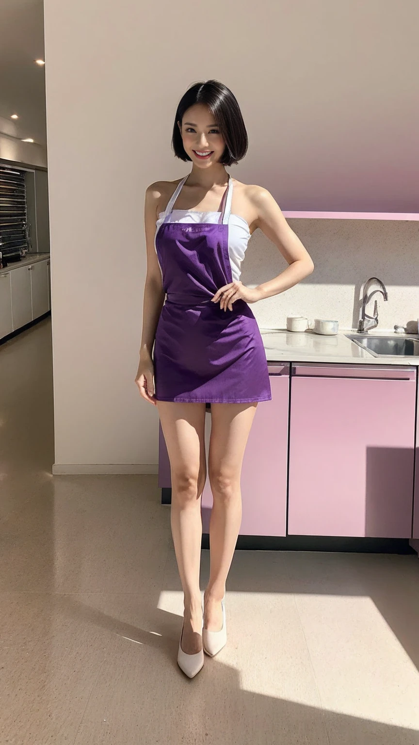Beautiful woman with short hair, Sleek bob hair and striking purple eyes, Standing at the counter in a modern kitchen、She smiles warmly. She wears a revealing pink apron that ties in the back., Showing off her athletic hourglass figure. She is looking over her shoulder at the user.. The kitchen is bright with sunlight streaming in through the large windows., Casts soft shadows throughout the room. A vase of pink roses is placed on the windowsill, Add elegance. The countertops are clean, Some cooking utensils and a pot on the stove, Suggests a cozy and inviting atmosphere. An overall feeling of warmth, beauty, And a homely atmosphere. (full body portrait:1.8), Ultra-realistic photos, 16K, Bright colors