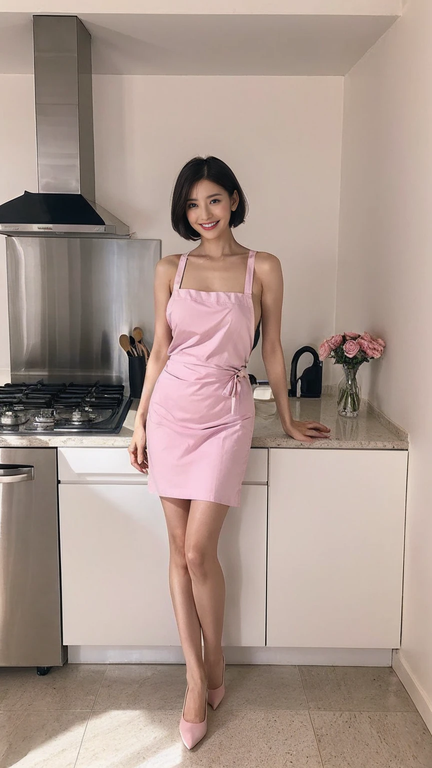 Beautiful woman with short hair, Sleek bob hair and striking purple eyes, Standing at the counter in a modern kitchen、She smiles warmly. She wears a revealing pink apron that ties in the back., Showing off her athletic hourglass figure. She is looking over her shoulder at the user.. The kitchen is bright with sunlight streaming in through the large windows., Casts soft shadows throughout the room. A vase of pink roses is placed on the windowsill, Add elegance. The countertops are clean, Some cooking utensils and a pot on the stove, Suggests a cozy and inviting atmosphere. An overall feeling of warmth, beauty, And a homely atmosphere. (full body portrait:1.8), Ultra-realistic photos, 16K, Bright colors