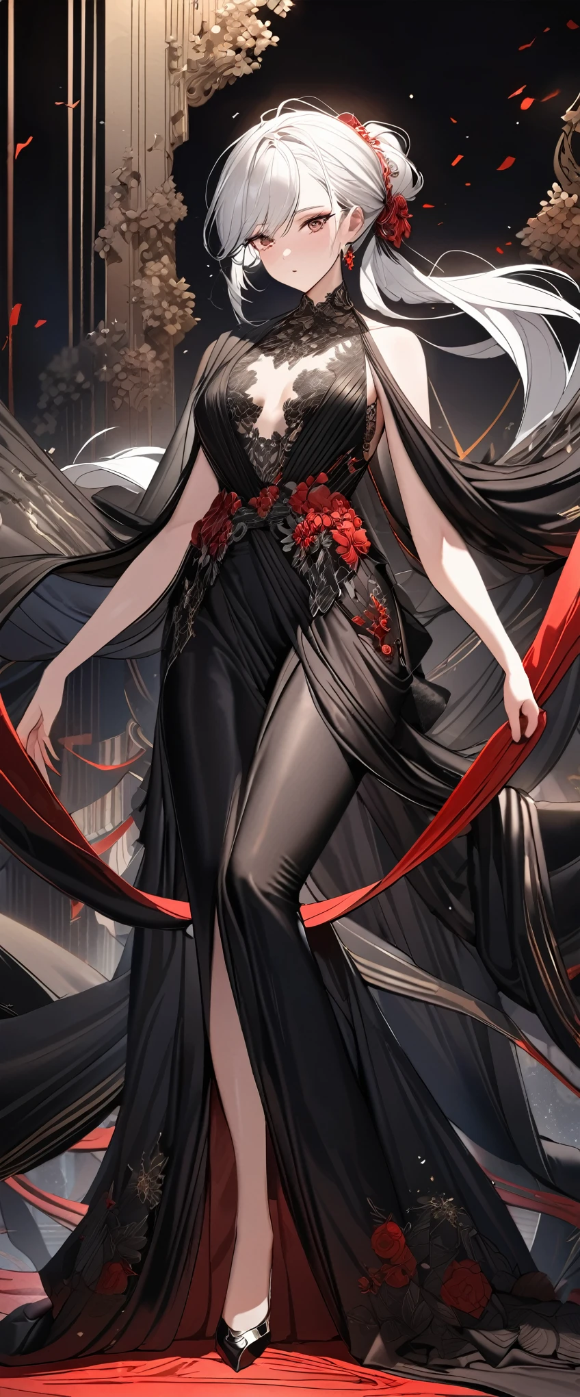 best quality, incredibly absurdres, extremely detailed, 2.5D, delicate and dynamic, beautiful woman, white hair tied up, gorgeous and glamorous black evening dress, red lines, shiny satin fabric, lace, embroidery, robes, shawls, accessories, captivating look, superlative body proportion, gorgeous and gorgeous effects, background aristocratic social setting