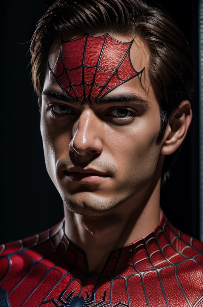 A photograph of spider man, no mask, 20 yo, handsome, detailed face, looking at camera, portrait, 8k uhd, high quality