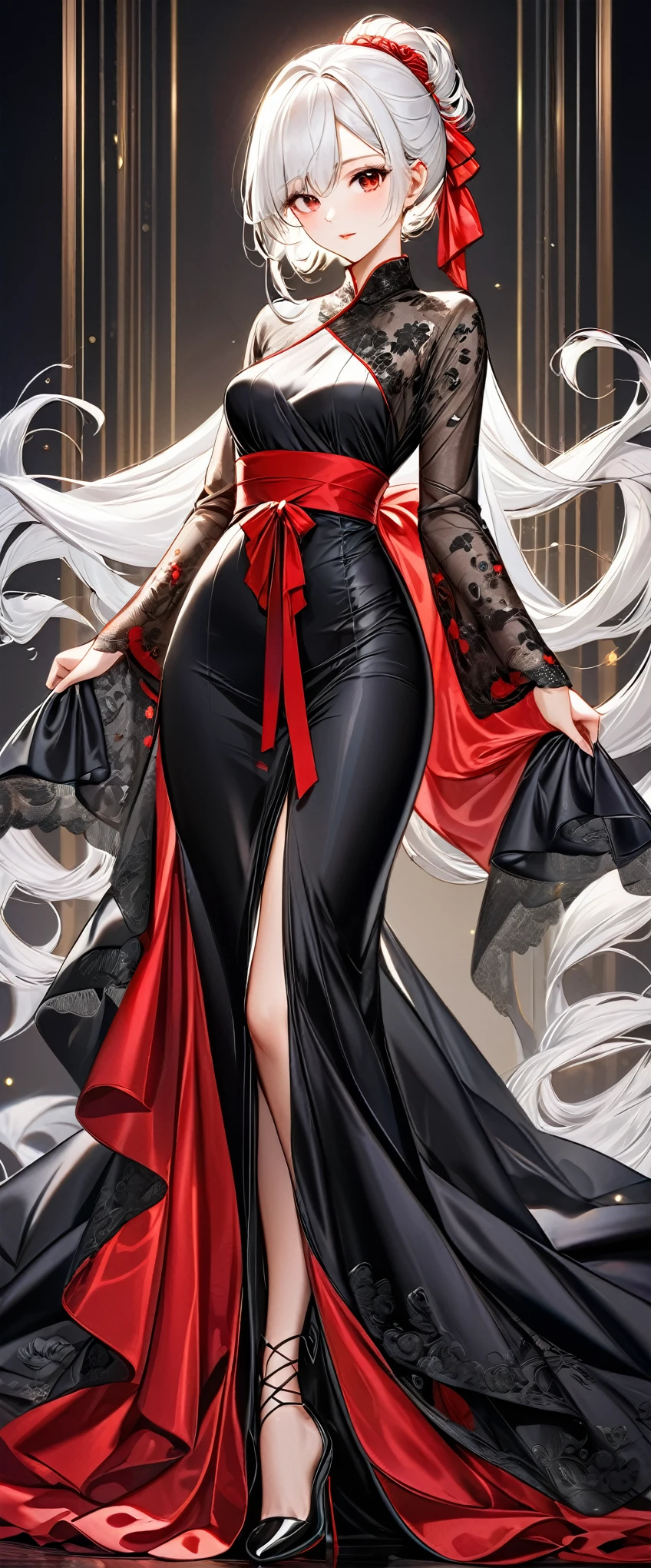 best quality, incredibly absurdres, extremely detailed, 2.5D, delicate and dynamic, beautiful woman, white hair tied up, gorgeous and glamorous black evening dress, red lines, shiny satin fabric, lace, embroidery, robes, shawls, accessories, captivating look, superlative body proportion, gorgeous and gorgeous effects, background aristocratic social setting