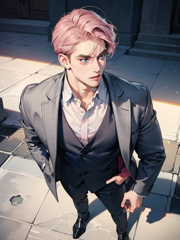 masterpiece, best quality, realistic, 1man, mature male, quiet and charming  man, 25 year old, serious look, closed mouth, portrait, extremely detailed face, cold smile in love, ((dark grey blue eyes)), ((short-right-swept dark pink hair)), [thick eyebrows], ((suit)), handsome, full body, western, Jewish, light brown skin,
