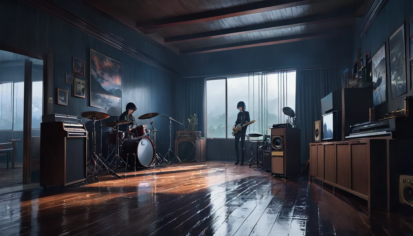 a moody rainy day, dimly lit room, anime band performing, distant view, long eyelashes, (best quality,4k,8k,highres,masterpiece:1.2),ultra-detailed,(realistic,photorealistic,photo-realistic:1.37),cinematic lighting, dramatic shadows, vibrant colors, moody atmosphere