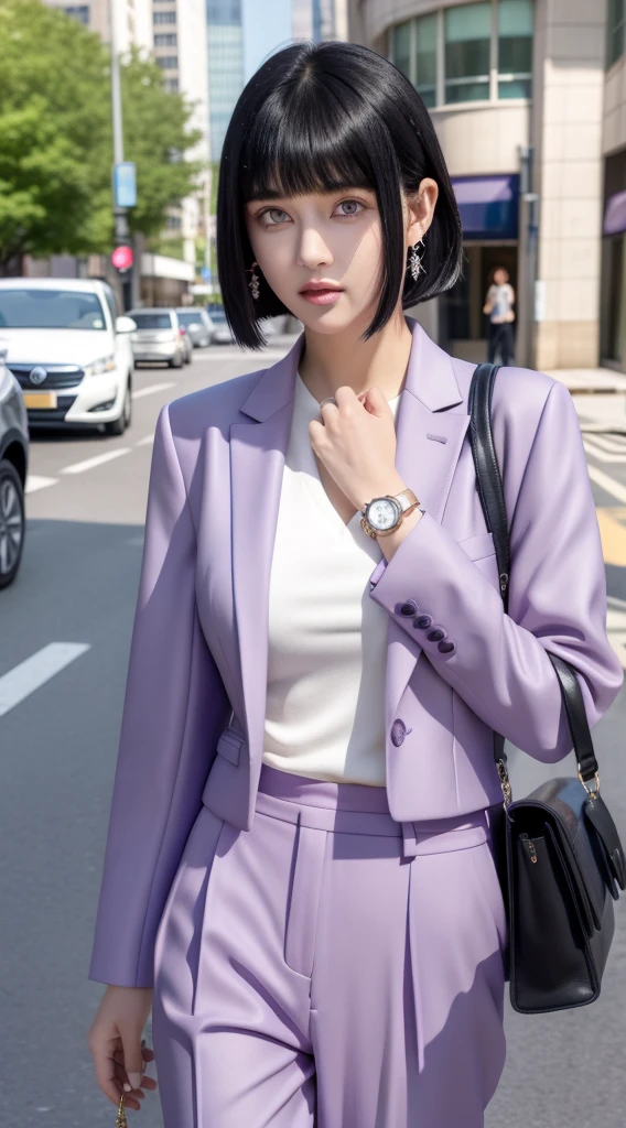 hinata from anime naruto, black hair, short hair, bangs, light purple eyes, wearing mascara, perfect body, perfect breasts, beautiful woman, very beautiful, wearing a light purple formal shirt, dapper dress, formal attire, wearing a white blazer, mauve pants, wearing handbag, wearing watch, wearing earrings, being in the city, roadside, public space, Realism, masterpiece, textured leather, super detailed, high detailed, high quality, best quality, 1080P, HD, 16k
