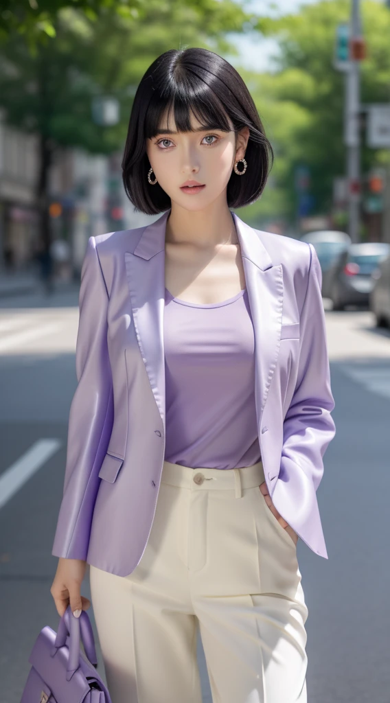 hinata from anime naruto, black hair, short hair, bangs, light purple eyes, wearing mascara, perfect body, perfect breasts, beautiful woman, very beautiful, wearing a light purple formal shirt, dapper dress, formal attire, wearing a white blazer, mauve pants, wearing handbag, wearing watch, wearing earrings, being in the city, roadside, public space, Realism, masterpiece, textured leather, super detailed, high detailed, high quality, best quality, 1080P, HD, 16k