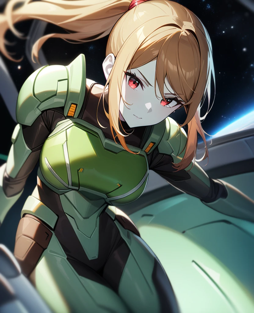 1girl,Samus aran,solo,red eyes,((BROWN hair:1.5)),green power armor,ponytail,((pale green skin)),green chest armor,cowboy shot,in space ship,zero gravity,Science fiction,ultra-detailed,sharp focus,aesthetic,(best quality)