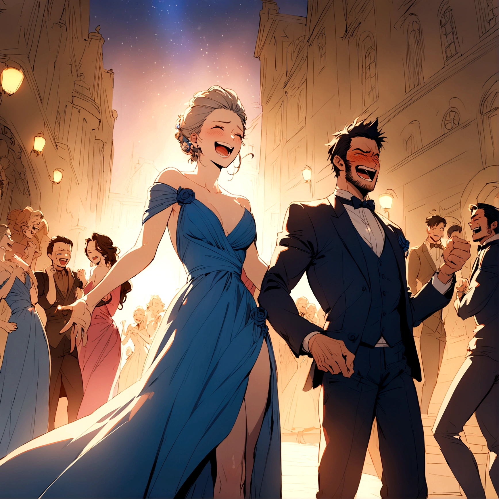 Marvel's Wolverine(male) drunk at a soiree, having fun, wearing a blue evening dress and laughing, X Men dressed casual laughing, Jean Gray embarrassed , X Men mansion
