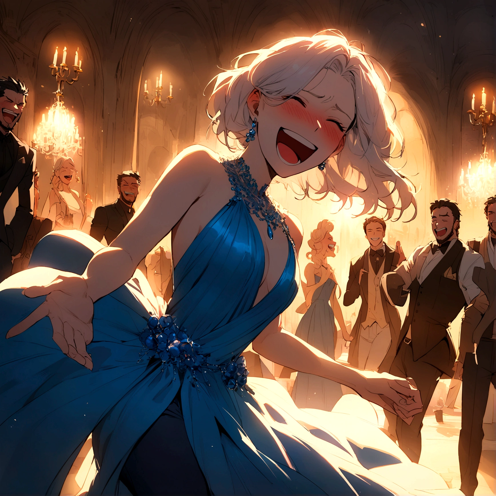 Marvel's Wolverine(male) drunk at a soiree, having fun, wearing a blue evening dress and laughing, X Men dressed casual laughing, Jean Gray embarrassed , X Men mansion